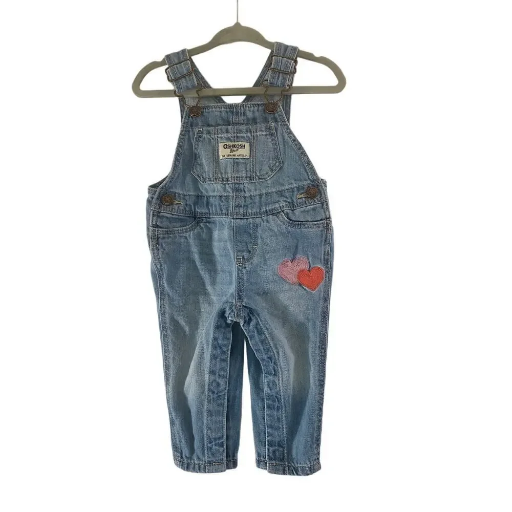 OSHKOSH B’GOSH Girl’s Heart Embroidered Jean Bib Overalls / Size: 6 Months